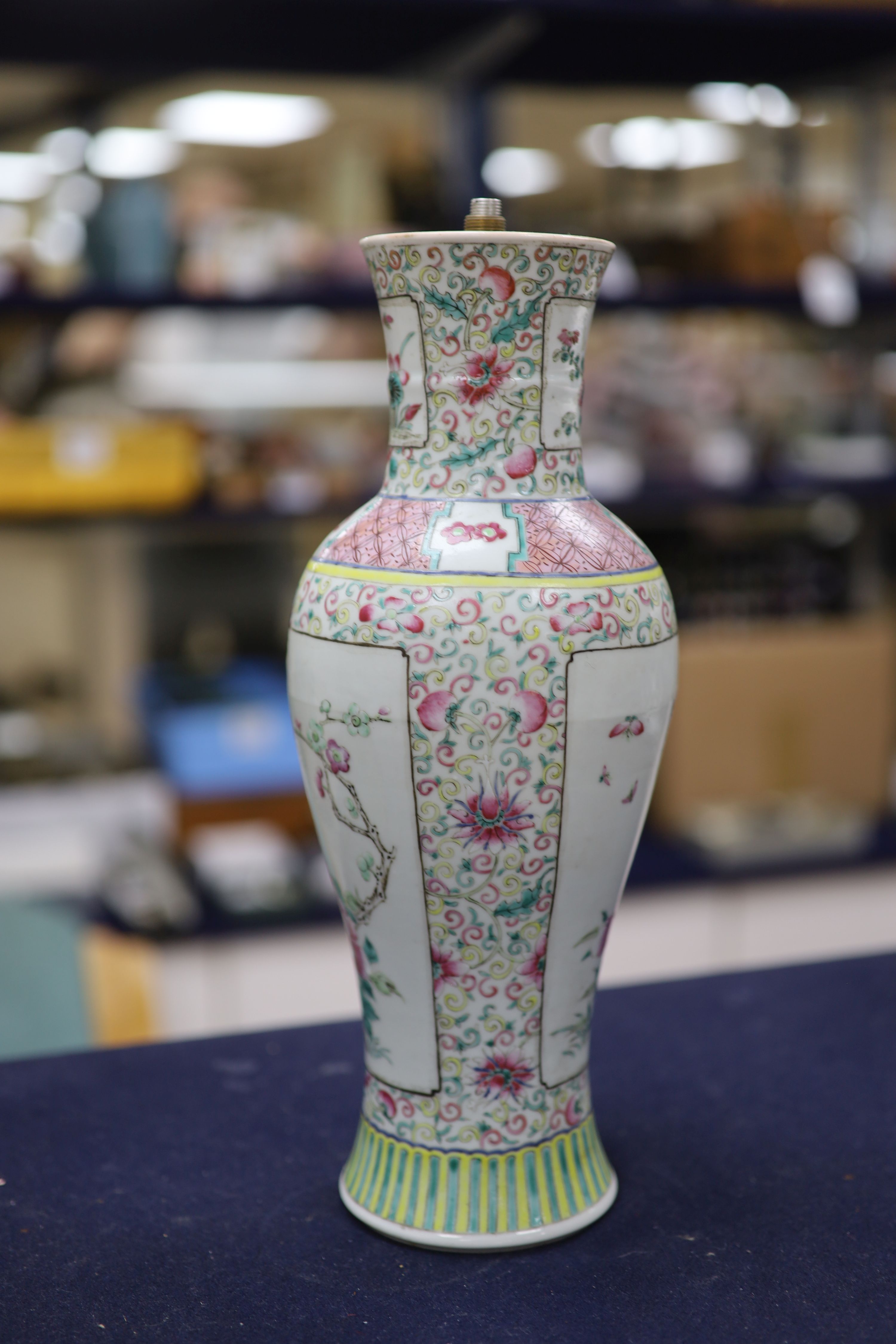 A pair of 19th century Chinese famille rose vases- ex lamp bases, height 31.5cm